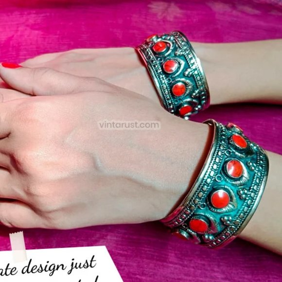 single Boho Kuchi Cuff Bracelet With Stones, Tribal Handmade Cuff Bracelet - Picture 3 of 6